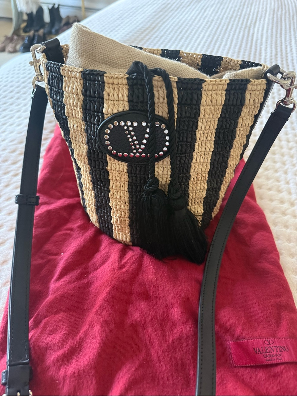 Valentino Black and Natural Striped Straw Bucket Crossbody with Tassels